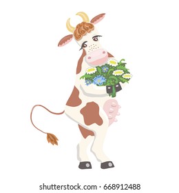 vector of cow with flowers cartoon