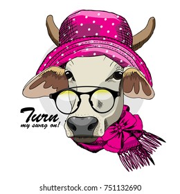 Vector cow with glasses and necklace. Hand drawn illustration of dressed cow.