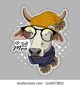 Vector cow with glasses, scarf and hat. Print on T-shirts, bags and other fashion products. Design children's clothing and accessories. Applique, patch.