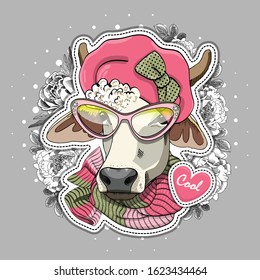 Vector cow with glasses, scarf and hat. Print on T-shirts, bags and other fashion products. Design children's clothing and accessories. Applique, patch.