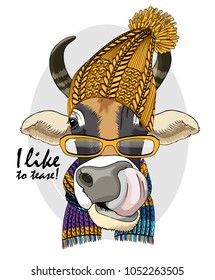 Vector cow with glasses, yellow knitted hat and scarf. Hand drawn illustration of dressed cow.