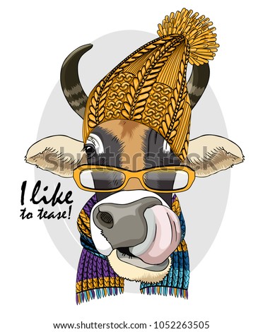 Vector cow with glasses, yellow knitted hat and scarf. Hand drawn illustration of dressed cow.