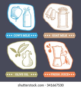 Vector cow and goat milk - olive oil - fresh juice sketch pictograph