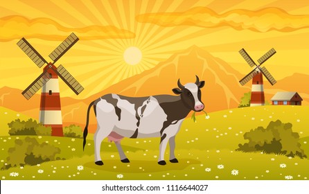 Vector cow grazing in the meadow vector illustration, farm landscape background.