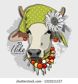 Vector cow with green headscarf, flower, earrings and necklace. Hand drawn illustration of cow cow. 