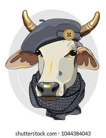 Vector cow with grey beret and scarf. Hand drawn illustration of dressed cow.