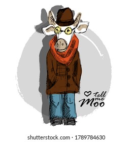 Vector cow with hat, coat, jeans, glasses and scarf. Print on T-shirts, bags and other fashion products. Design children's clothing and accessories. Applique, patch.