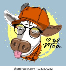 Vector cow with hat. Dressed cow. Print on T-shirts, bags and other fashion products. Design children's clothing and accessories. Applique, patch.