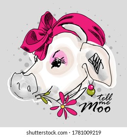 Vector cow with hat. Dressed cow. Print on T-shirts, bags and other fashion products. Design children's clothing and accessories. Applique, patch.