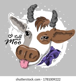 Vector cow with hat. Dressed cow. Print on T-shirts, bags and other fashion products. Design children's clothing and accessories. Applique, patch.