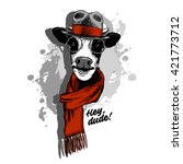 Vector cow in a hat and red scarf. Cow-gentleman.

