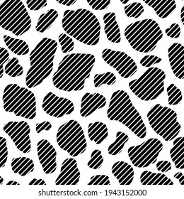 Vector cow hide pattern seamless background. Black irregular patches on white backdrop. Abstract conceptual cows skin design with stylised diagonal line hair overlay texture. Farm cattle spots repeat.