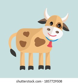 Vector cow icon flat illustration. Cute animal blue background.