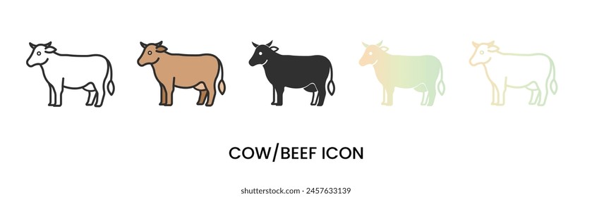 Vector cow icon, cow milk icon, beef meat icon in solid, gradient and line styles. Trendy colors. Isolated on a white background. Editable stroke