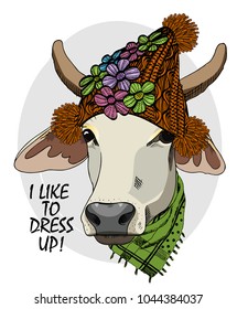 Vector cow with knitted hat and green scarf. Hand drawn illustration of dressed cow.