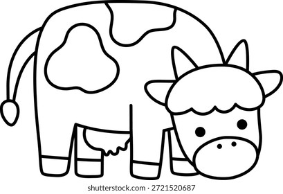 Vector cow line icon. Cute farm animal eating grass isolated on white background. Adorable black and white illustration or coloring page for kids. Funny spring or Easter village character
