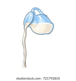 vector cow milk carafe, pitcher with flowing milk. Isolated cartoon illustration on a white backround. Kitchen glassware utensil