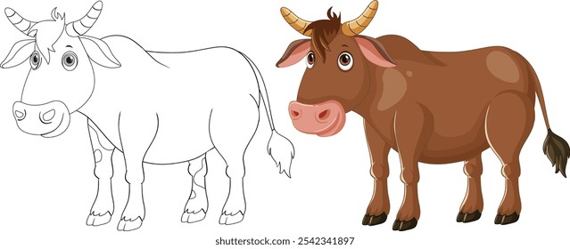 Vector cow in outline and colored versions