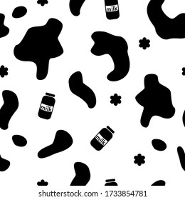 Vector cow pattern with milk icon and flowers. Simple design for farm element 