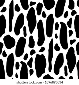 Vector cow pattern seamless background. Black irregular patches on white backdrop. Abstract cows skin texture illustration. Random bovine spots hand drawn design. Farm animal textural all over print