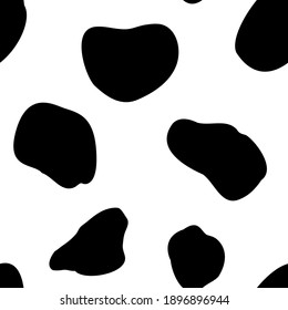 Vector cow pattern seamless background. Black irregular patches on white backdrop. Abstract cows skin texture illustration. Random bovine spots hand drawn design. Farm animal textural all over print