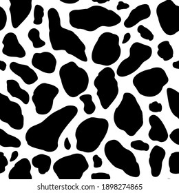 Vector cow pattern seamless background. Black irregular patches on white backdrop. Abstract cows skin texture illustration. Random bovine spots hand drawn design. Farm animal textural all over print