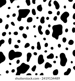 Vector cow pattern seamless background, Black irregular patches on white backdrop.