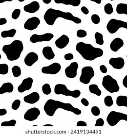 Vector cow pattern seamless background, Black irregular patches on white backdrop.