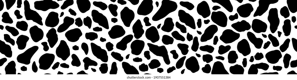 Vector Cow Pattern Seamless Border. Black Irregular Patches On White Backdrop. Abstract Cows Skin Texture Illustration. Random Bovine Spots Hand Drawn Design. Farm Animal Textural Banner.