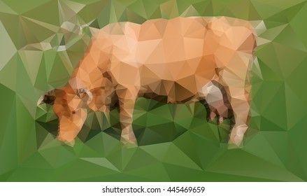 vector cow from polygons eats a grass on a meadow