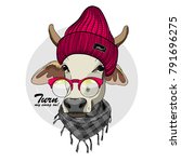 Vector cow with red glasses, red knitted hat and scarf. Hand drawn illustration of dressed cow.