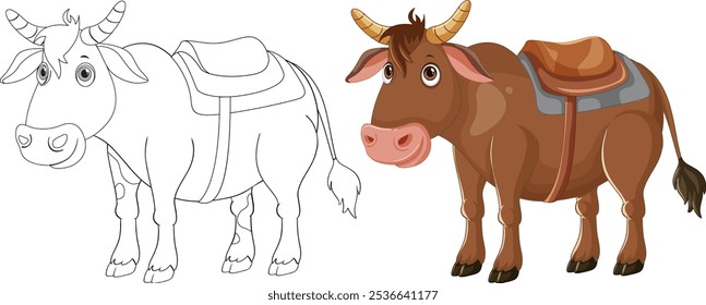 Vector cow with saddle, colored and outlined