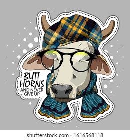 Vector cow with scarf, glasses and hat. Print on T-shirts, bags and other fashion products. Design children's clothing and accessories. Applique, patch.