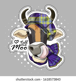 Vector cow with scarf and hat. Print on T-shirts, bags and other fashion products. Design children's clothing and accessories. Applique, patch.