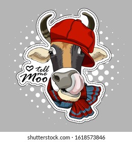 Vector cow with scarf and hat. Print on T-shirts, bags and other fashion products. Design children's clothing and accessories. Applique, patch.