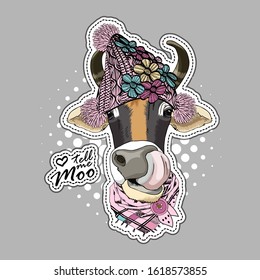 Vector cow with scarf and hat. Print on T-shirts, bags and other fashion products. Design children's clothing and accessories. Applique, patch.