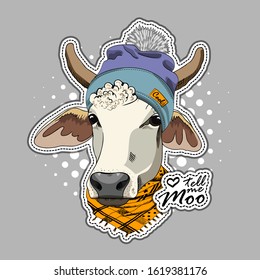 Vector cow with scarf and hat. Print on T-shirts, bags and other fashion products. Design children's clothing and accessories. Applique, patch.