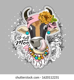 Vector cow with scarf and hat. Print on T-shirts, bags and other fashion products. Design children's clothing and accessories. Applique, patch.