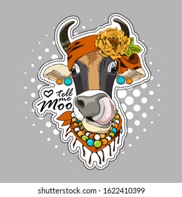 Vector cow with scarf and hat. Print on T-shirts, bags and other fashion products. Design children's clothing and accessories. Applique, patch.