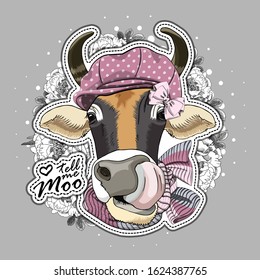 Vector cow with scarf and hat. Print on T-shirts, bags and other fashion products. Design children's clothing and accessories. Applique, patch.