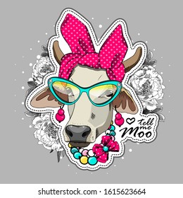 Vector cow with scarf, hats and hat. Print on T-shirts, bags and other fashion products. Design children's clothing and accessories. Applique, patch.