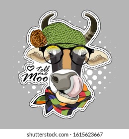 Vector cow with scarf, hats and hat. Print on T-shirts, bags and other fashion products. Design children's clothing and accessories. Applique, patch.