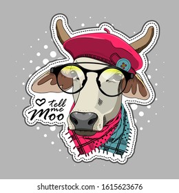 Vector cow with scarf, hats and hat. Print on T-shirts, bags and other fashion products. Design children's clothing and accessories. Applique, patch.