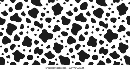 Vector cow seamless pattern. Black and white animal skin texture background. Milk farm, dairy illustration for print, surface pattern fill. Cartoon irregular spots wallpaper. Abstract doodle shapes
