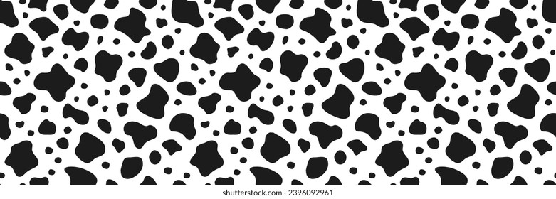 Vector cow seamless pattern. Black and white animal skin texture background. Milk farm, dairy illustration for print, package, surface design. Cartoon irregular spots wallpaper. Abstract doodle shapes