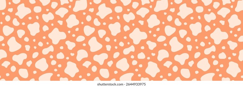 Vector cow seamless pattern. Retro orange color animal skin texture bg. Milk farm dairy print, package, surface design. Irregular caramel candy spots wallpaper. Abstract doodle shapes illustration