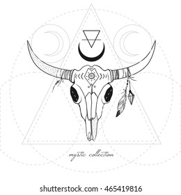 vector cow skull, vector boho illustration with decorative hand drawn animal skull with feathers on horns