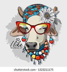 Vector cow with turban, flower, bow, earrings, necklace and red glasses. Hand drawn illustration of cow cow. 