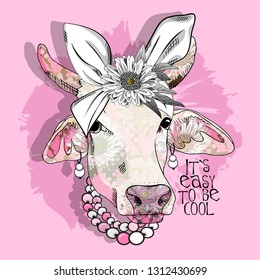 Vector cow with turban, necklace,  flower and floral ornament on the muzzle. Hand drawn illustration of original cow.