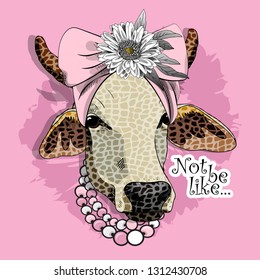 Vector cow with turban, necklace, flower and cheetah skin on the muzzle. Hand drawn illustration of original cow.
